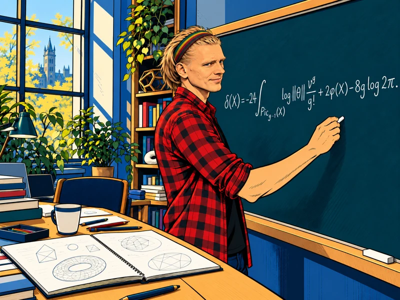 Comic-style Robert Wilms writing the formula for Faltings’ delta invariant on a blackboard