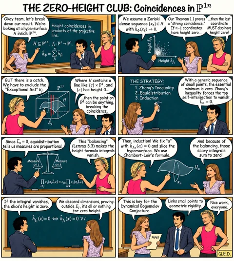 The Zero-Height Club: coincidences — 8 illustrated panels with speech balloons