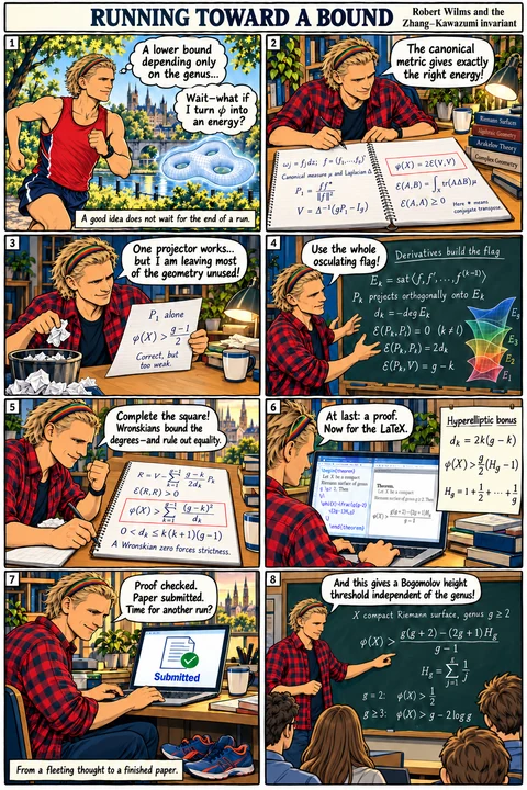 Running toward a bound — 8 illustrated panels with speech balloons